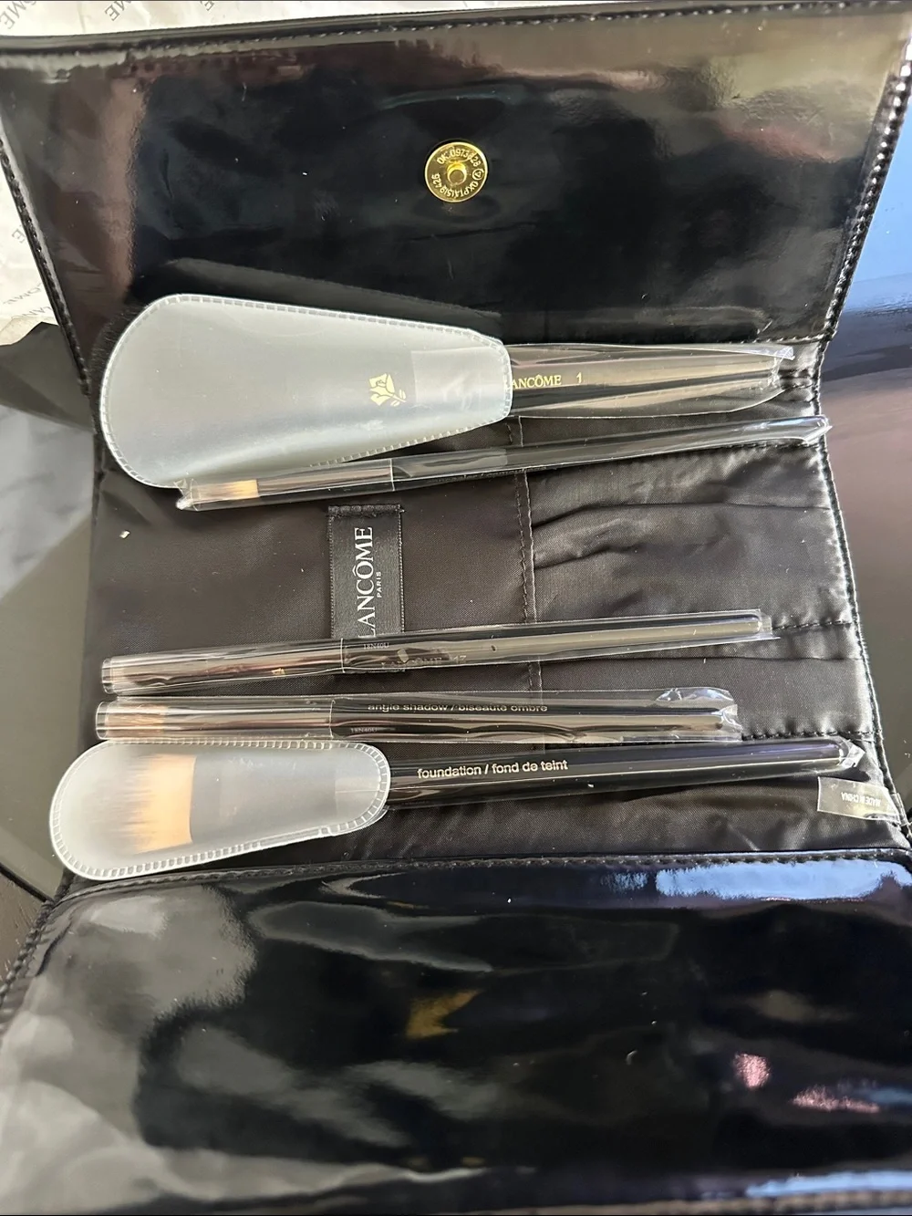 Lancôme Black Faux-Leather Makeup Pouch with Gold Logo